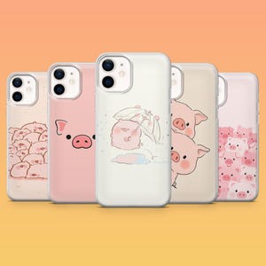 May include: Five phone cases with cute pig illustrations. Designs include a pig with an umbrella, a close-up pig face, and a group of pigs. The cases are in shades of pink, white, and beige. The overall theme is playful and charming.