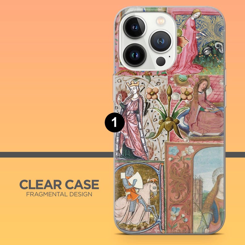 May include: Clear phone case with a fragmented design featuring medieval illustrations in shades of pink, gold, and blue. The case has a clear background and the text "CLEAR CASE FRAGMENTAL DESIGN".