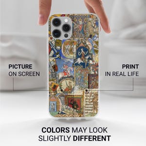 May include: A clear phone case featuring a colorful medieval illustration. The design includes various scenes with knights, figures, and text. The case has the text "PICTURE ON SCREEN" and "PRINT IN REAL LIFE" and "COLORS MAY LOOK SLIGHTLY DIFFERENT".
