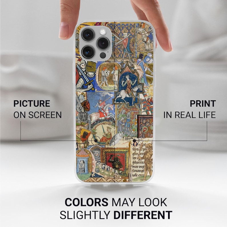 May include: A clear phone case featuring a colorful medieval illustration. The design includes various scenes with knights, figures, and text. The case has the text "PICTURE ON SCREEN" and "PRINT IN REAL LIFE" and "COLORS MAY LOOK SLIGHTLY DIFFERENT".