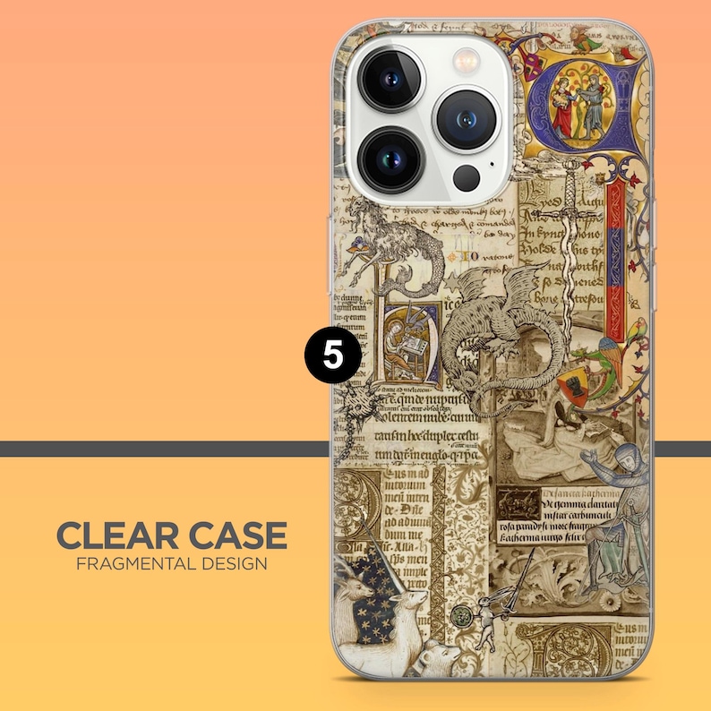 May include: Clear phone case with a fragmental design. The case features a medieval manuscript aesthetic with illustrations of dragons, unicorns, and figures. The text "CLEAR CASE FRAGMENTAL DESIGN" is visible.