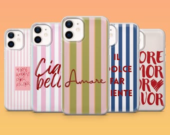 Funda con cita italiana "Amore Italian Cover" para iPhone 17Pro, 16, 15, 14, 13, 12, Samsung S25, S24, S23Fe, S22, A16, A26, A56, Pixel 10, 9Pro