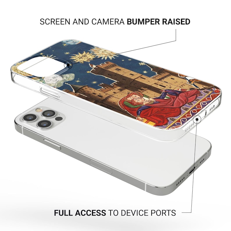 May include: A clear phone case with a medieval art design. The case features a detailed illustration of a castle, figures in red robes, and a starry night sky. The text "SCREEN AND CAMERA BUMPER RAISED" and "FULL ACCESS TO DEVICE PORTS" are visible.