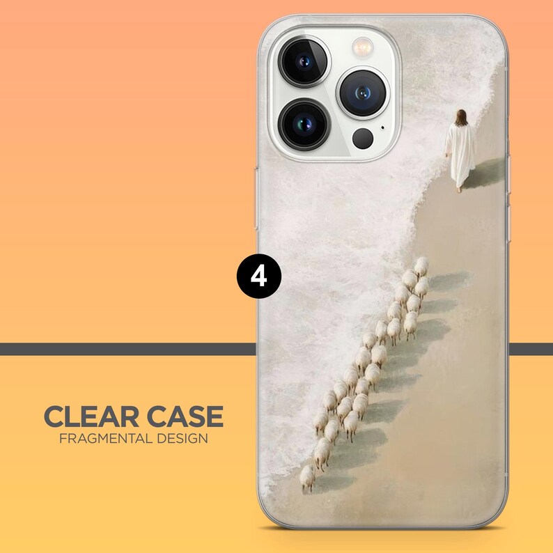 May include: Clear phone case with a beach scene featuring a person in white robes walking towards the ocean, followed by a flock of sheep. The case has the text "CLEAR CASE FRAGMENTAL DESIGN".