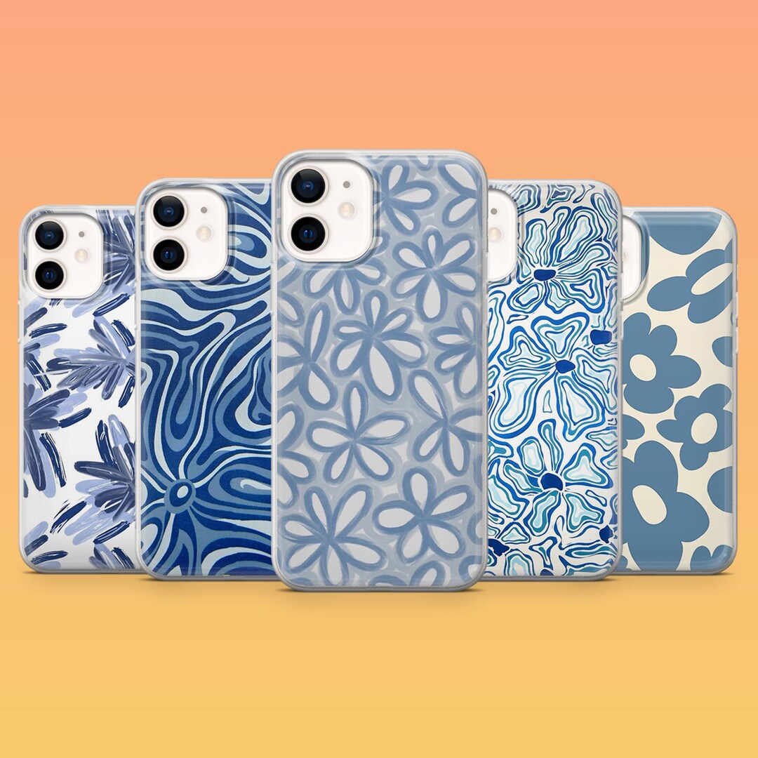 ブルーフラワー柄スマホケース、花柄カバー（iPhone 18Pro、17、16、15