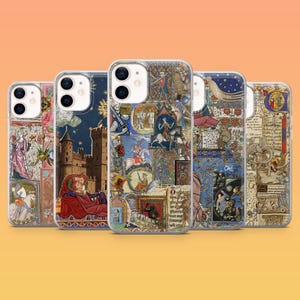 May include: A collection of phone cases with medieval art designs. Each case features a unique collage of illustrations, including knights, castles, and religious figures. The cases have a clear, glossy finish.