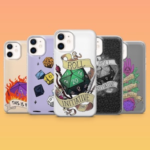 May include: A selection of phone cases with different designs. One case shows a green D20 die with the words "ROLL INITIATIVE". Other cases feature dice, flames, and the text "THIS IS F". The cases are arranged in a row against an orange background.