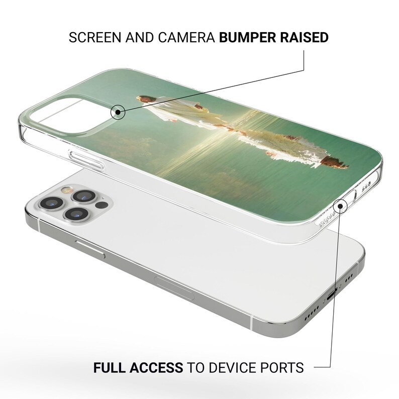 May include: Clear phone case with a printed image of a person in white clothing on a green background. The case has a raised bumper for the screen and camera, and provides full access to device ports.