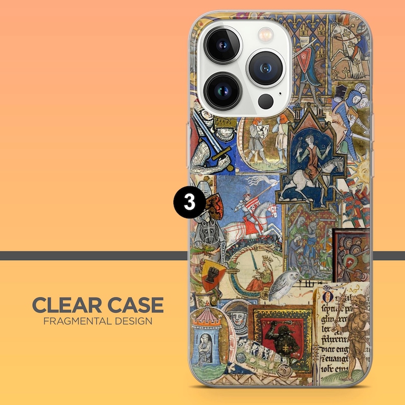 May include: Clear phone case with a fragmented design featuring medieval illustrations in shades of blue, red, and gold. The case has a transparent border and the text "CLEAR CASE FRAGMENTAL DESIGN".