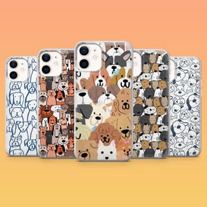 May include: Five phone cases showcasing diverse dog breeds. The cases feature illustrations of dogs in various styles and colours, including line art and detailed portraits. The cases are arranged in a row against an orange background.