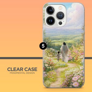 May include: Clear phone case with a scenic landscape design. The case features a path with a person and child walking through a field of flowers. The text "CLEAR CASE FRAGMENTAL DESIGN" is printed on the bottom left.