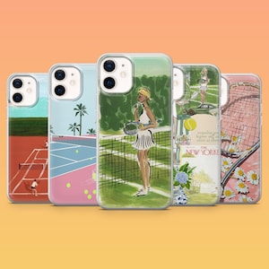 May include: Five phone cases with tennis-themed designs. The cases feature illustrations of tennis courts, players, and vintage artwork. The color palette includes greens, pinks, and blues, with a gradient orange background.