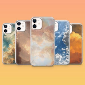 May include: A collection of five smartphone cases with cloud-themed designs. The cases feature various sky scenes in shades of blue, brown, orange, and white. Each case has a clear border and a camera cutout.
