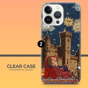 May include: Clear phone case with a medieval castle design. The case features a detailed illustration of a castle under a starry night sky, with figures in the foreground. The text "CLEAR CASE FRAGMENTAL DESIGN" is visible.