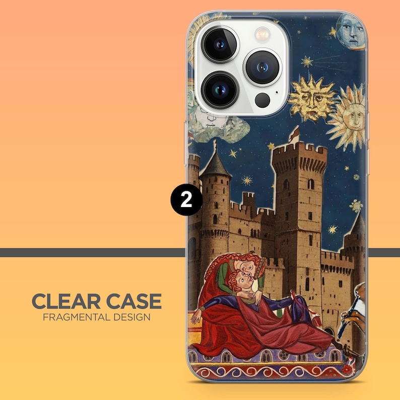 May include: Clear phone case with a medieval castle design. The case features a detailed illustration of a castle under a starry night sky, with figures in the foreground. The text "CLEAR CASE FRAGMENTAL DESIGN" is visible.
