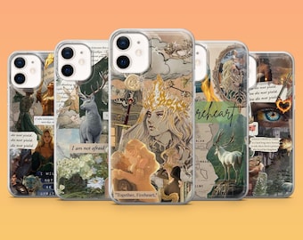 May include: A collection of clear phone cases with various designs. The cases feature illustrations of a woman with a crown, a deer, and other artistic elements. Some cases have text that reads "I am not afraid" and "Together, Fireheart."