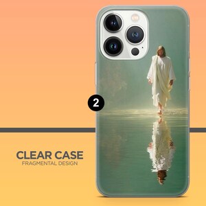 May include: Clear phone case featuring an image of a person in white robes walking on water. The image is reflected in the water. The case has the text "CLEAR CASE FRAGMENTAL DESIGN".