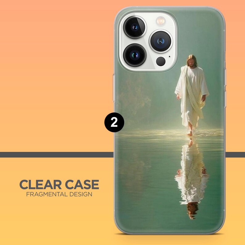 May include: Clear phone case featuring an image of a person in white robes walking on water. The image is reflected in the water. The case has the text "CLEAR CASE FRAGMENTAL DESIGN".