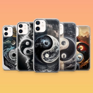 May include: Five phone cases with a yin and yang design. Each case has a different artistic interpretation of the yin and yang symbol, with celestial and landscape elements in black, white, and grey.