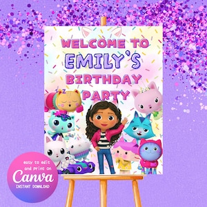Gabby&#39;s Dollhouse Welcome Sign | Editable Birthday Party Template | Personalized Gabby Party Decoration | Instant Download