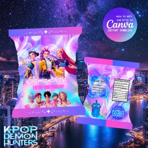 Bewerkbare K-Pop Demon Hunters Chip Bag-sjabloon | Afdrukbare snackverpakking | K-Pop-feestgunsten en Huntrix-animefanart