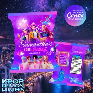 Bewerkbare K-Pop Demon Hunters Chip Bag-sjabloon | Afdrukbare snackverpakking | K-Pop-feestgunsten en Huntrix-animefanart