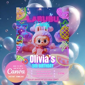Labubu Pink Birthday Invitation, Labubu Editable Template, Labubu Pool Party, Labubu Canva Invitation, Printable Instant Download
