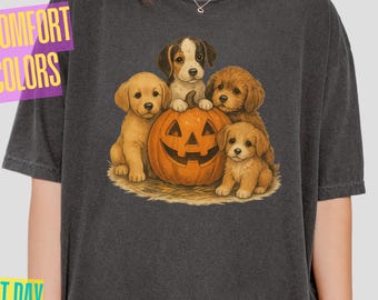 Pumpkin Puppy Halloween Shirt, Cute Dog Graphic Tee, Fall Comfort Colors® shirt, Spooky Season Graphic Tee, Pumpkin Patch, Autumn Dog Shirt
