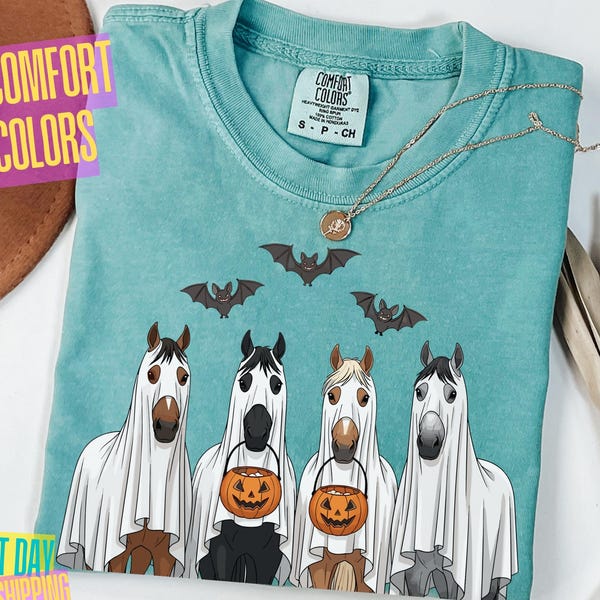 Comfort Colors® Halloween Horse Shirt, Cute Ghost Horse Shirt, Spooky Horse Shirt, Horse Lover Gift, Western Halloween, Cowgirl Horse Shirt