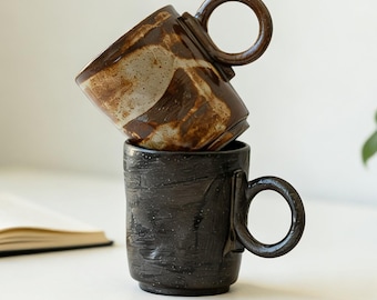 Japanse handgemaakte koffiemok set, rustieke aardewerk kopjes, Wabi Sabi keramische mok, minimalistisch paar koffiekopjes, cadeau koffieliefhebber