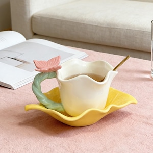 butterfly flower ceramic coffee mug with saucer pastel handmade floral tea cup