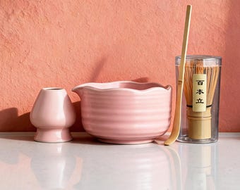 Pink Matcha Tea Set with Pouring Spout | Ceramic Matcha Bowl, Bamboo Whisk and Holder, Scoop | Ceremonial Matcha Starter Kit, Tea Lover Gift