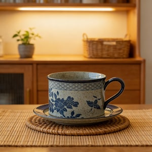blue and white ceramic coffee cup with saucer vintage style
