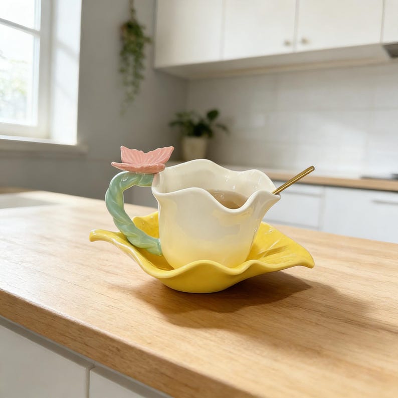 aesthetic ceramic coffee mug butterfly flower design for home decor