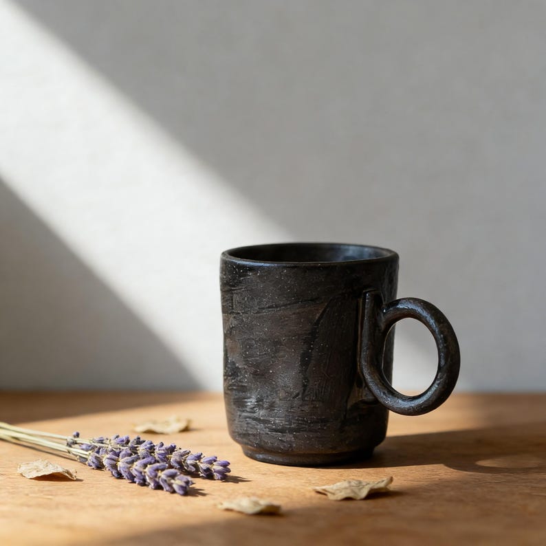 black handmade ceramic coffee mug minimalist stoneware cup