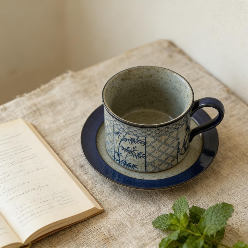 May include: A ceramic teacup and saucer set. The cup and saucer are a speckled beige color with a dark blue rim. The cup features a blue bamboo design. The handle is dark blue. The saucer is round.