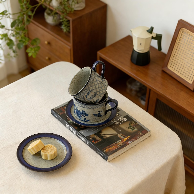 May include: Two stacked ceramic teacups with blue handles and floral designs, resting on a book and a saucer. A small plate with two pastries is in the foreground. The teacups and plate have a blue rim.
