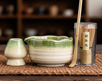 Matcha Tea Set 8 Piece, Ceramic Chawan Bowl with Bamboo Whisk, Chasen Holder & Scoop, Japanese Tea Ceremony Starter Kit, Tea Lover Gift