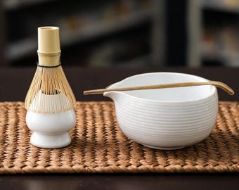 White Ceramic Matcha Tea Set with Spouted Chawan Bowl, Bamboo Whisk and Chasen Holder