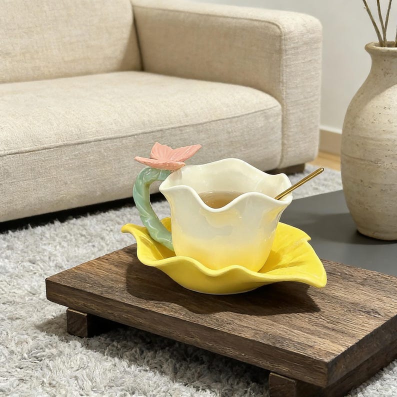 spring gift ceramic tea cup butterfly flower mug for her