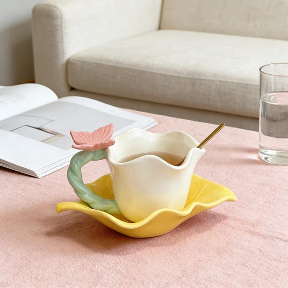Butterfly Flower Ceramic Coffee Mug with Saucer, Handmade Floral Tea Cup, Aesthetic Pastel Mug, Gift for Her, Spring Home Decor