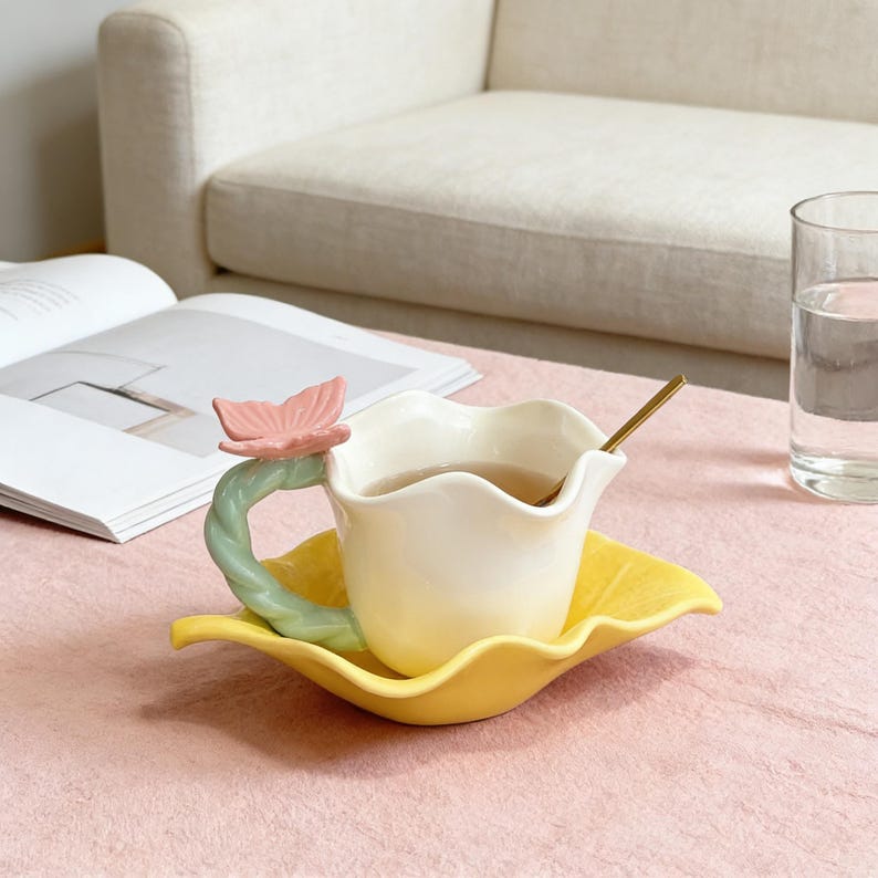 butterfly flower ceramic coffee mug with saucer pastel handmade floral tea cup