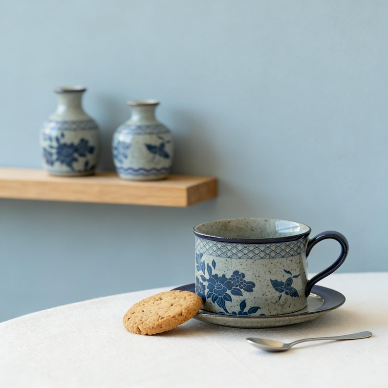 May include: A ceramic teacup and saucer set with a blue floral design. The cup has a dark blue handle and rim, and sits on a matching saucer. A cookie and a spoon are on the table. Two small vases are on a wooden shelf in the background.