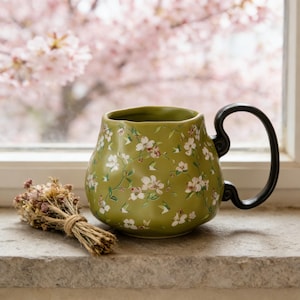 May include: A green ceramic mug with a floral pattern and a black handle. The mug is decorated with white flowers and green leaves. A small bundle of dried flowers sits next to the mug on a stone surface, with a blurred pink floral background.