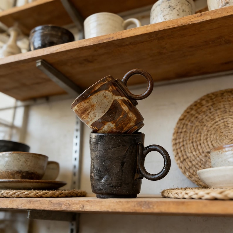 Op de afbeelding: Twee keramische mokken gestapeld op een houten plank. De onderste mok is donkerbruin met een textuur, terwijl de bovenste mok een lichter bruin en wit patroon heeft. Andere keramische items zijn zichtbaar.