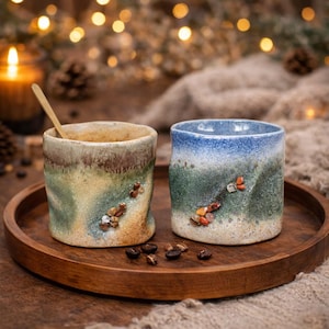 May include: Two handcrafted ceramic mugs with a distinctive design. One mug is tan, green, and brown, the other is blue and green. Both mugs feature decorative stones and are on a wooden tray with coffee beans.