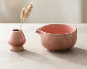 Handmade Pink Ceramic Matcha Set, Spouted Matcha Bowl with Chasen Holder and Bamboo Whisk