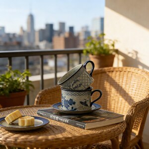May include: Two stacked blue and white ceramic teacups with matching saucers, featuring floral and geometric patterns. The cups sit on a book and a small plate with pastries, on a wicker table. A city skyline is visible in the background.
