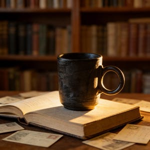 Op de afbeelding: Een zwarte keramische mok met een ronde handgreep staat op een open boek. De mok heeft een getextureerd oppervlak. Het boek is omgeven door oude ansichtkaarten op een houten tafel. Op de achtergrond staat een boekenkast.