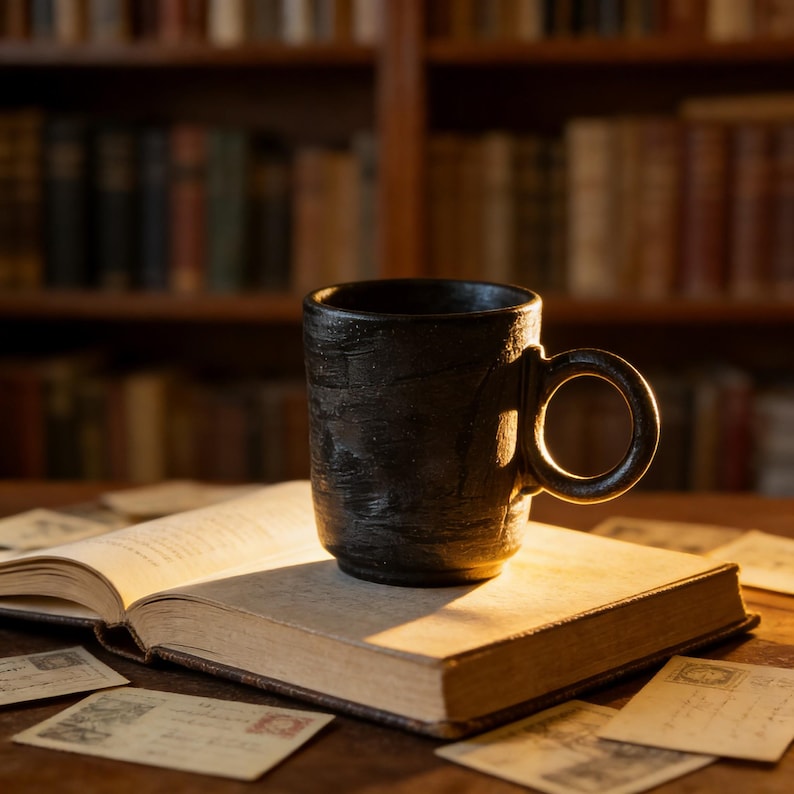 Op de afbeelding: Een zwarte keramische mok met een ronde handgreep staat op een open boek. De mok heeft een getextureerd oppervlak. Het boek is omgeven door oude ansichtkaarten op een houten tafel. Op de achtergrond staat een boekenkast.